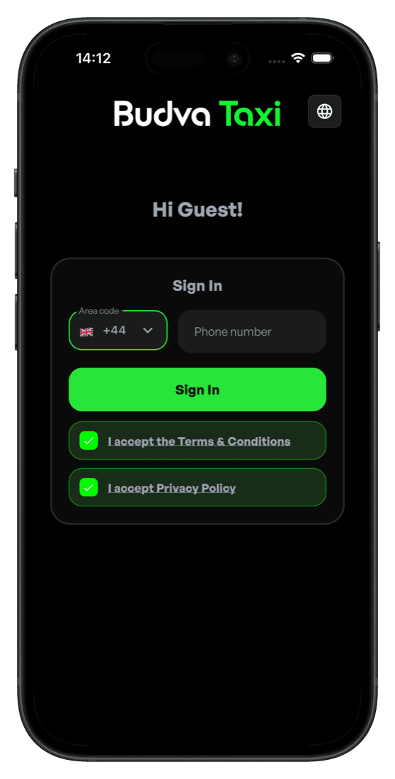 Budva Taxi App sign in screen